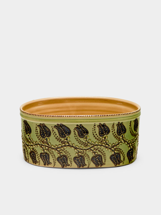 Poterie d’Évires - Flowers Hand-Painted Ceramic Oval Serving Dish - Green - ABASK - 