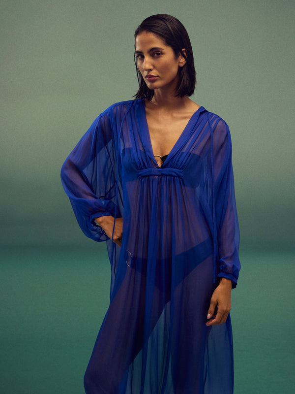 Les Vacances D'Irina - The Hazy Nipple Silk Long Dress | One Size - Blue - ABASK