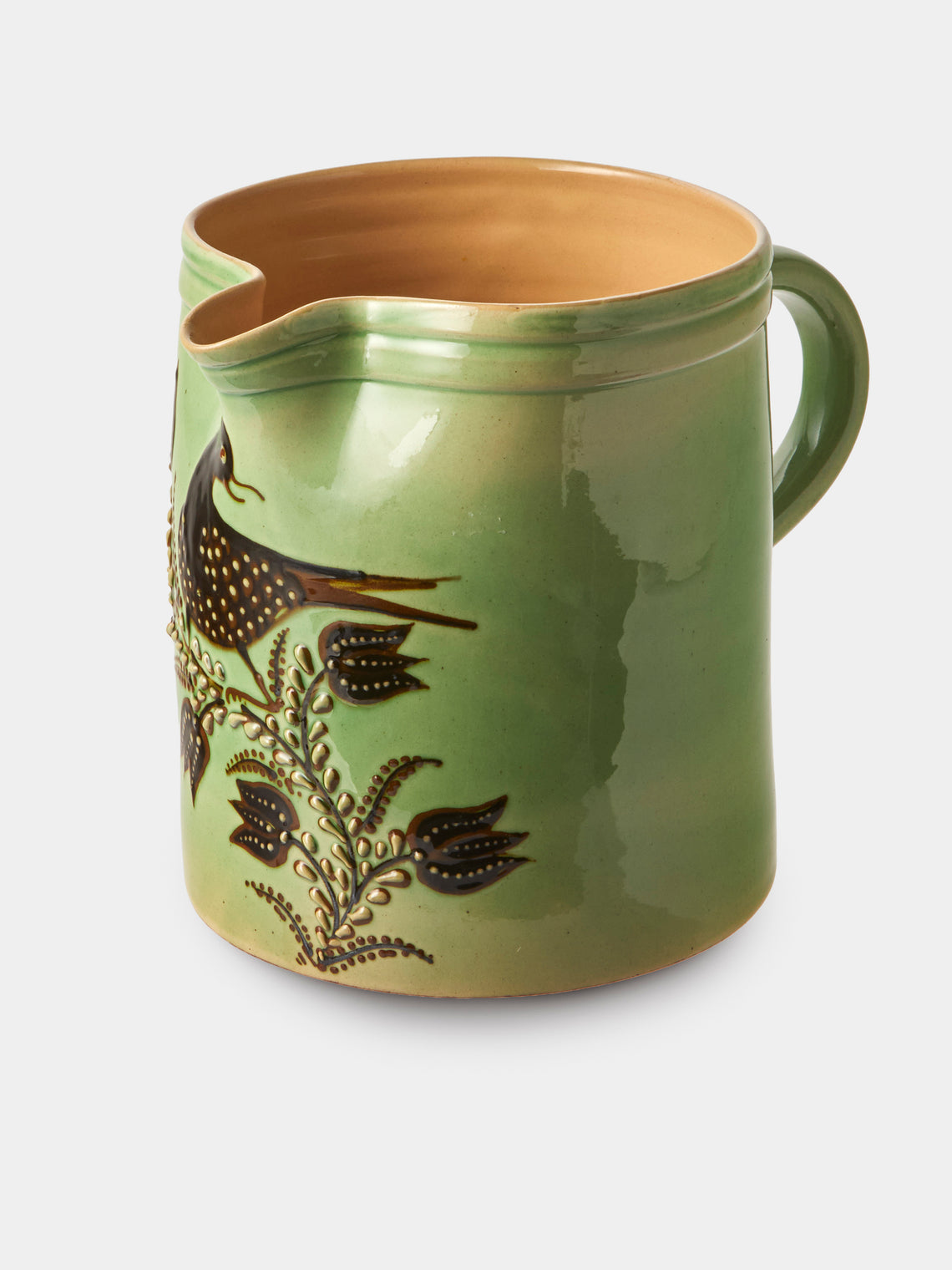 Poterie d’Évires - Birds and Flowers Hand-Painted Ceramic Straight-Edge Large Jug - Green - ABASK - 