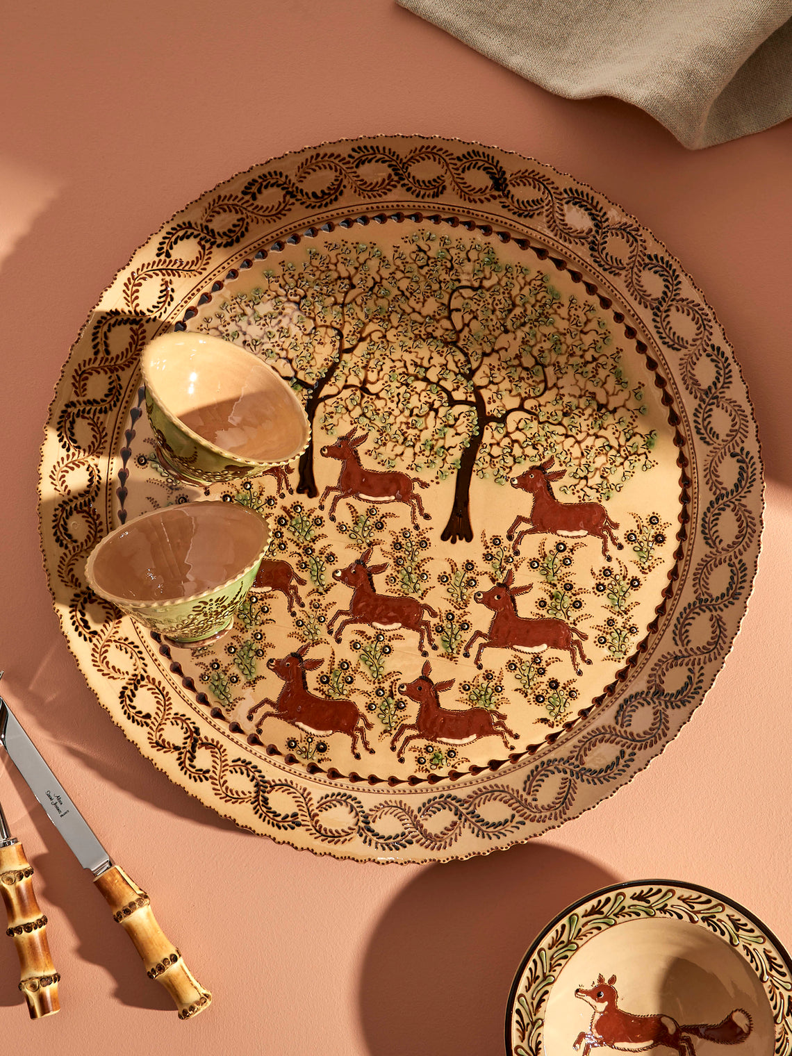 Poterie d’Évires - Donkeys Hand-Painted Ceramic Extra Large Round Platter - Cream - ABASK