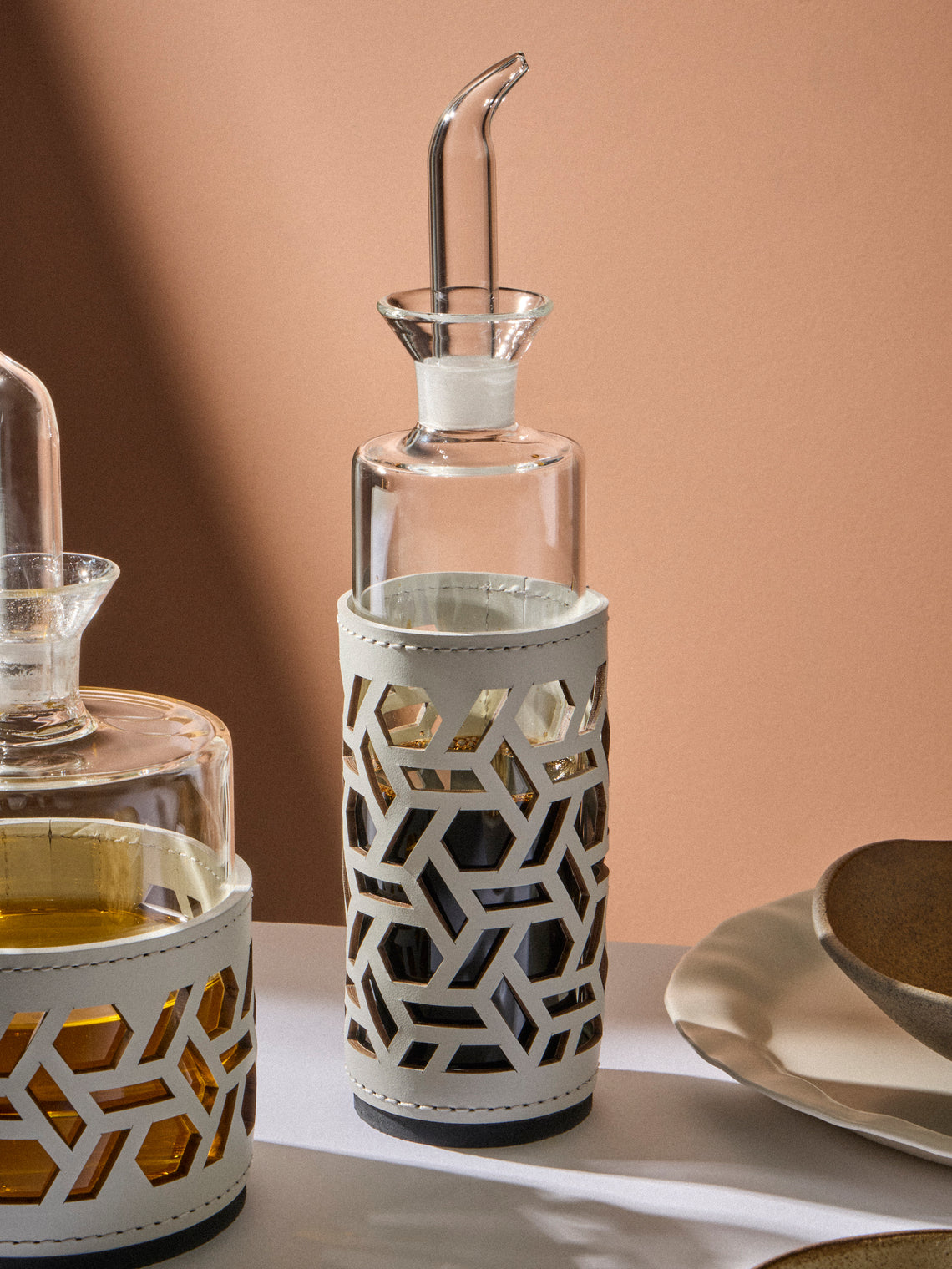 RUDI - Imperia Glass and Leather High Cruet - White - ABASK