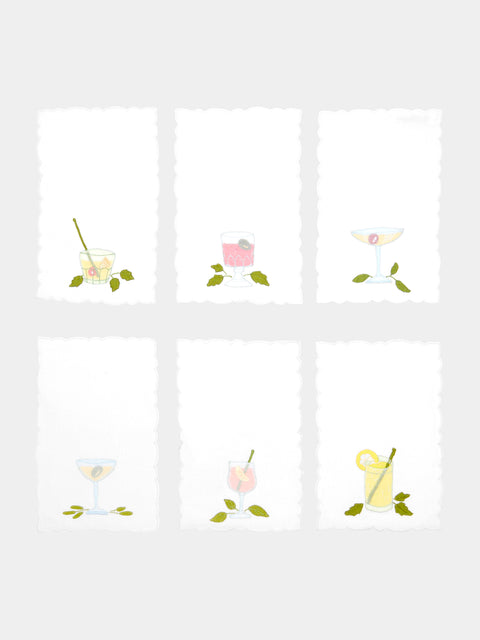 Taf Firenze - Bicchieri Hand-Embroidered Linen Cocktail Napkins (Set of 6) - Multiple - ABASK - 