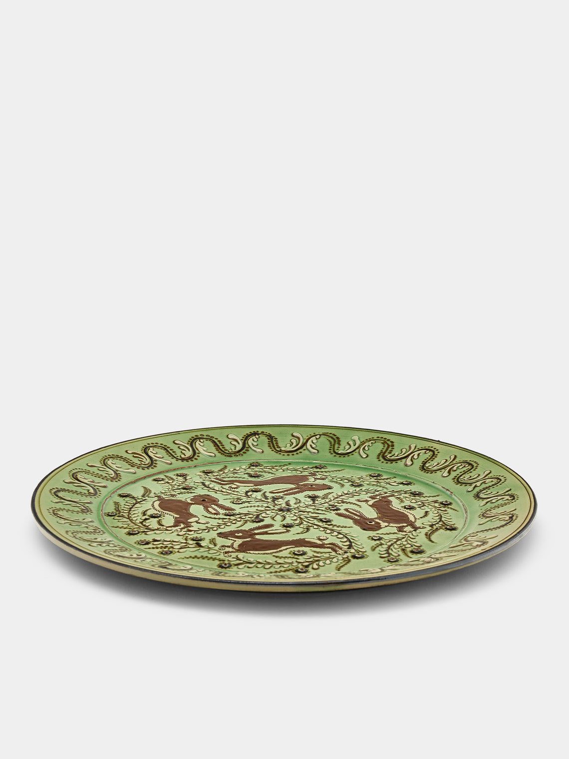 Poterie d’Évires - Rabbits Hand-Painted Ceramic Round Platter - Green - ABASK