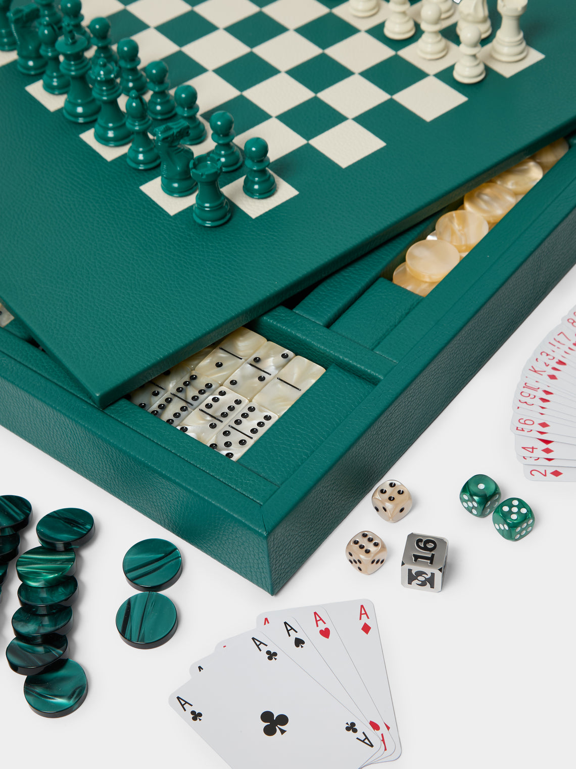 Hector Saxe - Leather Backgammon, Checkers, Chess and Dominoes Compendium - Green - ABASK
