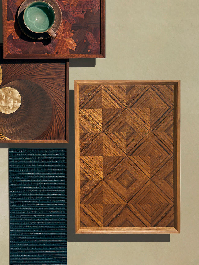 Mori Kougei - Poke Marquetry Wood Tray (15in/38.5cm) - Brown - ABASK