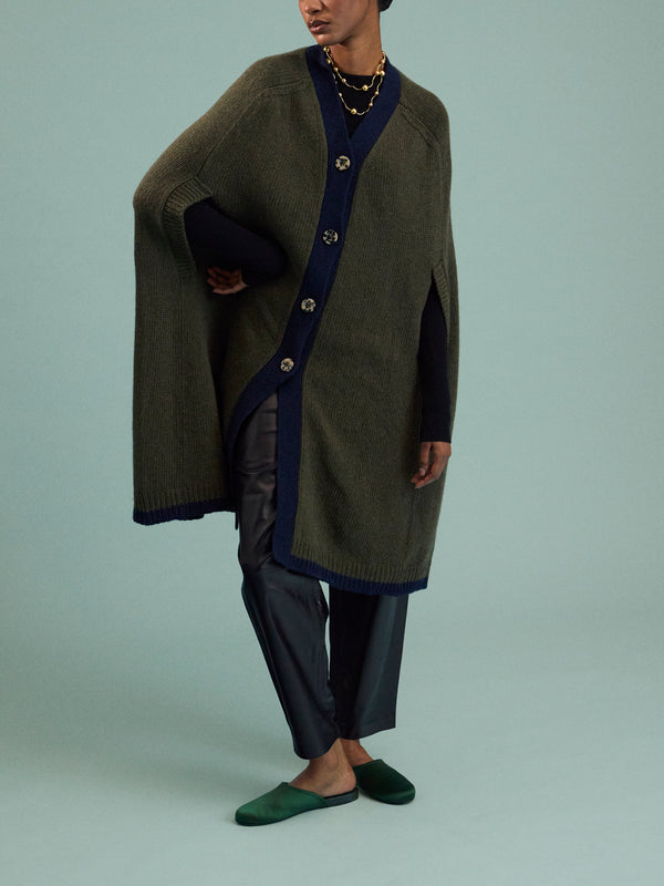 Isa Arfen - Cashmere and Lambswool Color-Block Cape | One Size - Khaki - ABASK