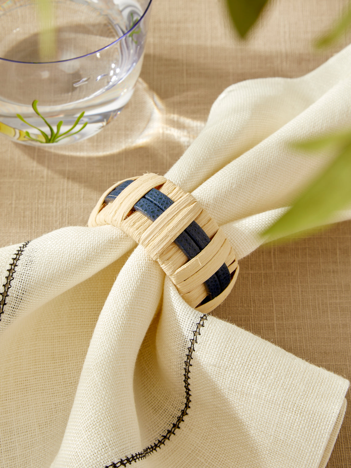 Pigment France - | Set of 4 | Anglet Leather and Rattan Napkin Rings - Blue - ABASK