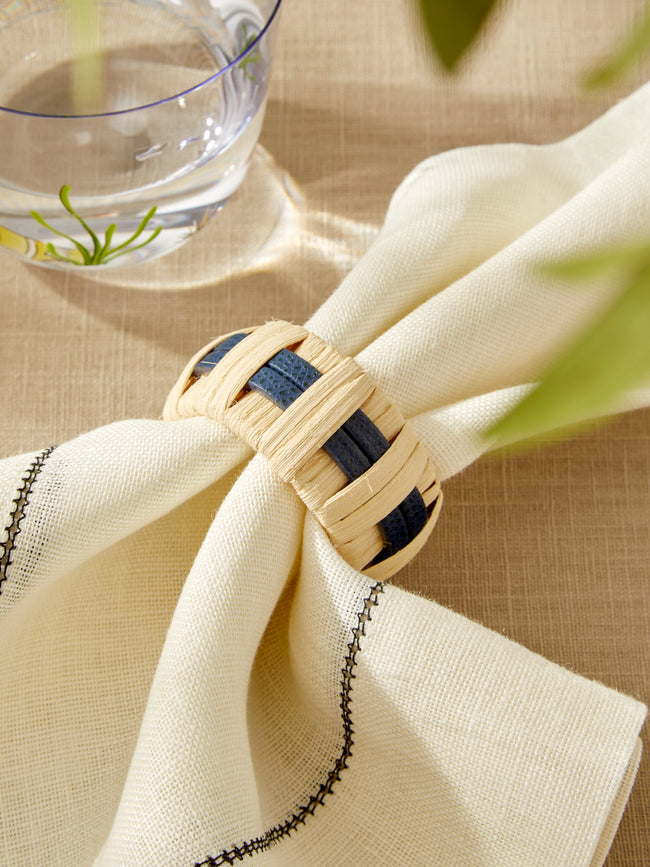Pigment France - | Set of 4 | Anglet Leather and Rattan Napkin Rings - Blue - ABASK