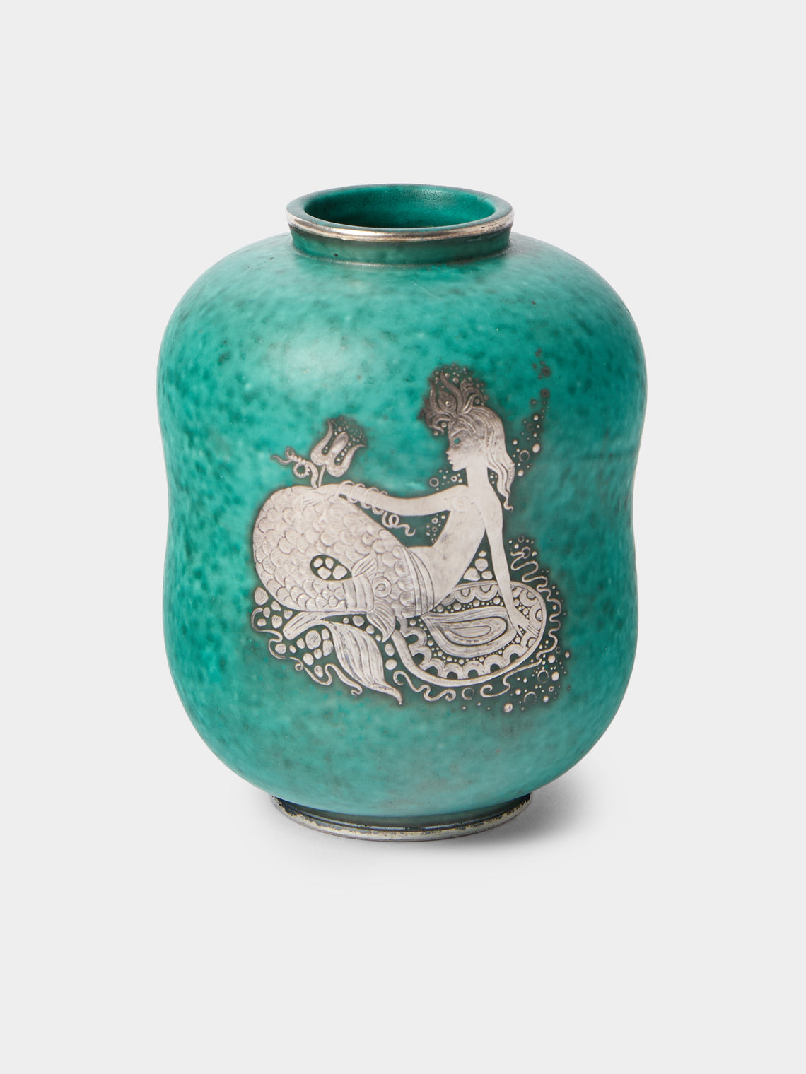 Antique and Vintage - 1945-1949 Mari Simmulson and Wilhelm Kåge Argenta Mermaid Stoneware Vase (6in/15.5cm) - Blue - ABASK - 