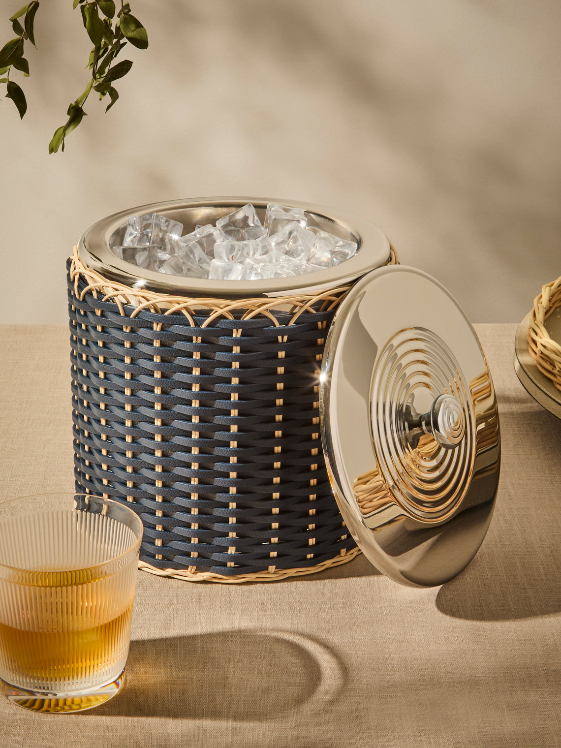 Pigment France - Menton Leather and Rattan Large Ice Bucket - Blue - ABASK