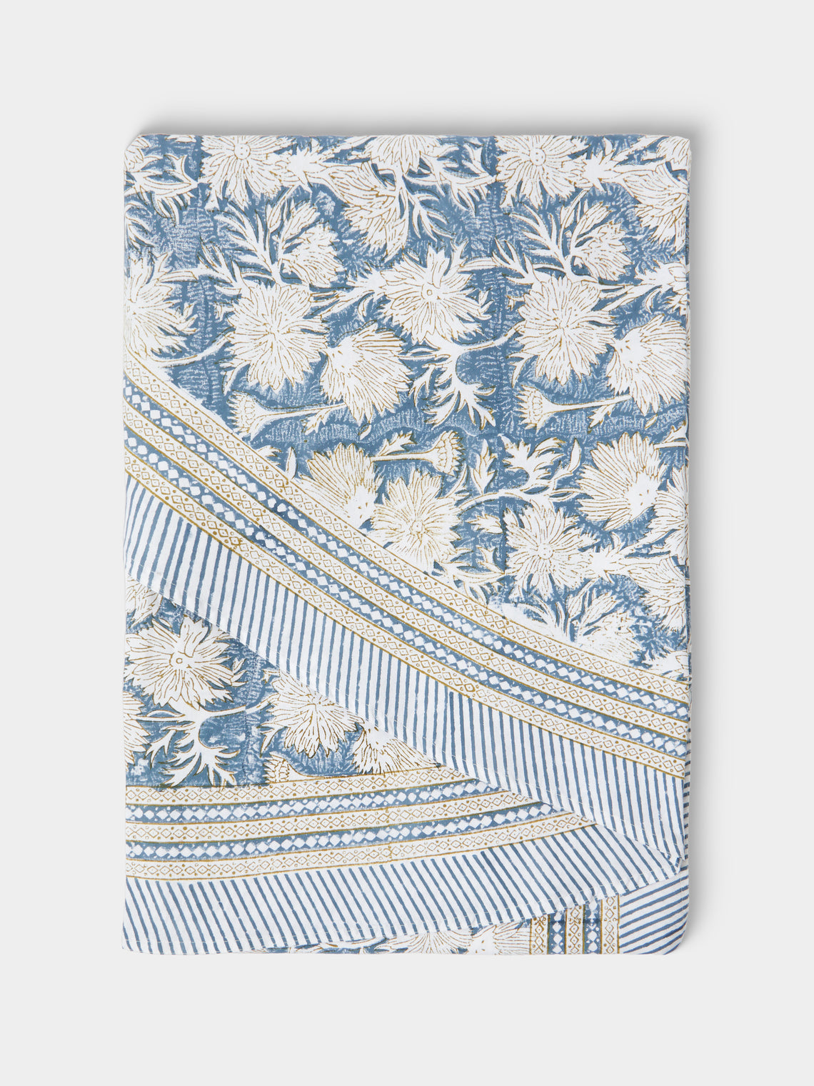 Chamois - Waterlily Block-Printed Cotton Round Tablecloth (86.5in/2.2m) - Blue - ABASK