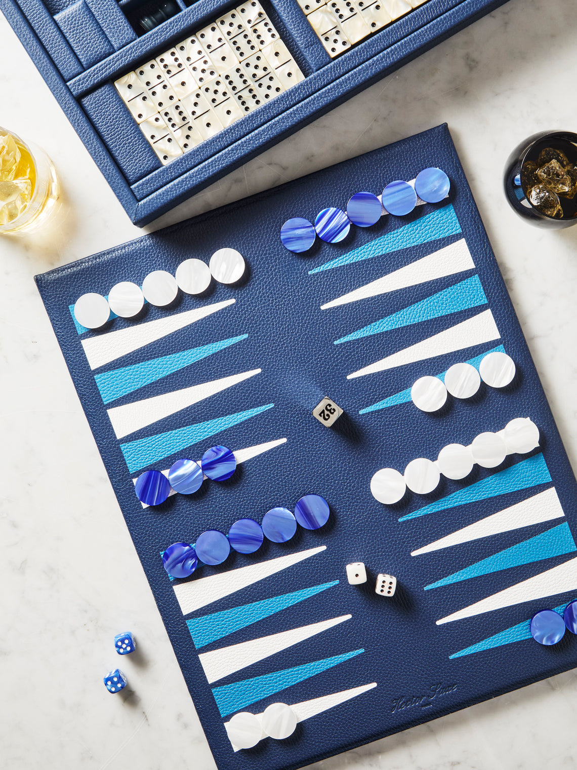 Hector Saxe - Leather Backgammon, Checkers, Chess and Dominoes Compendium - Blue - ABASK