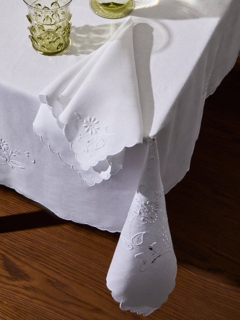 Taf Firenze - | Set of 12 | Floral Openwork Hand-Embroidered Linen Tablecloth and Napkins - White - ABASK