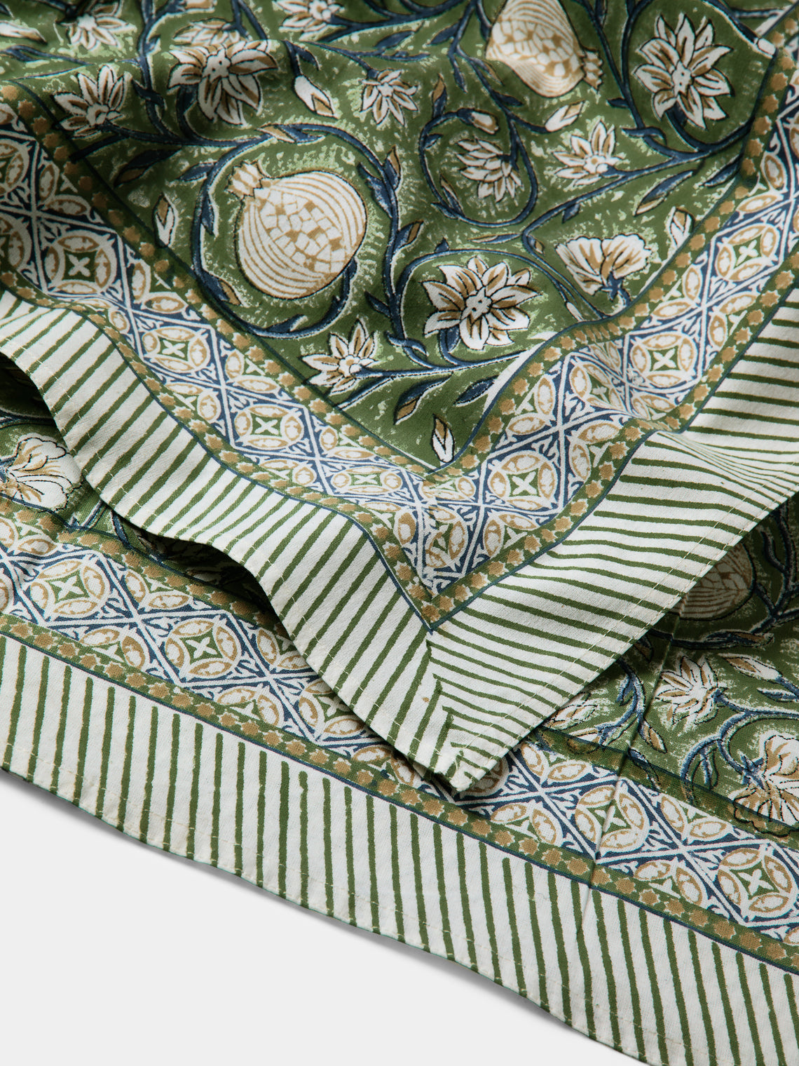 Chamois - Tangier Pomegranate Block-Printed Cotton Rectangular Tablecloth (90.5in/2.3m) - Green - ABASK
