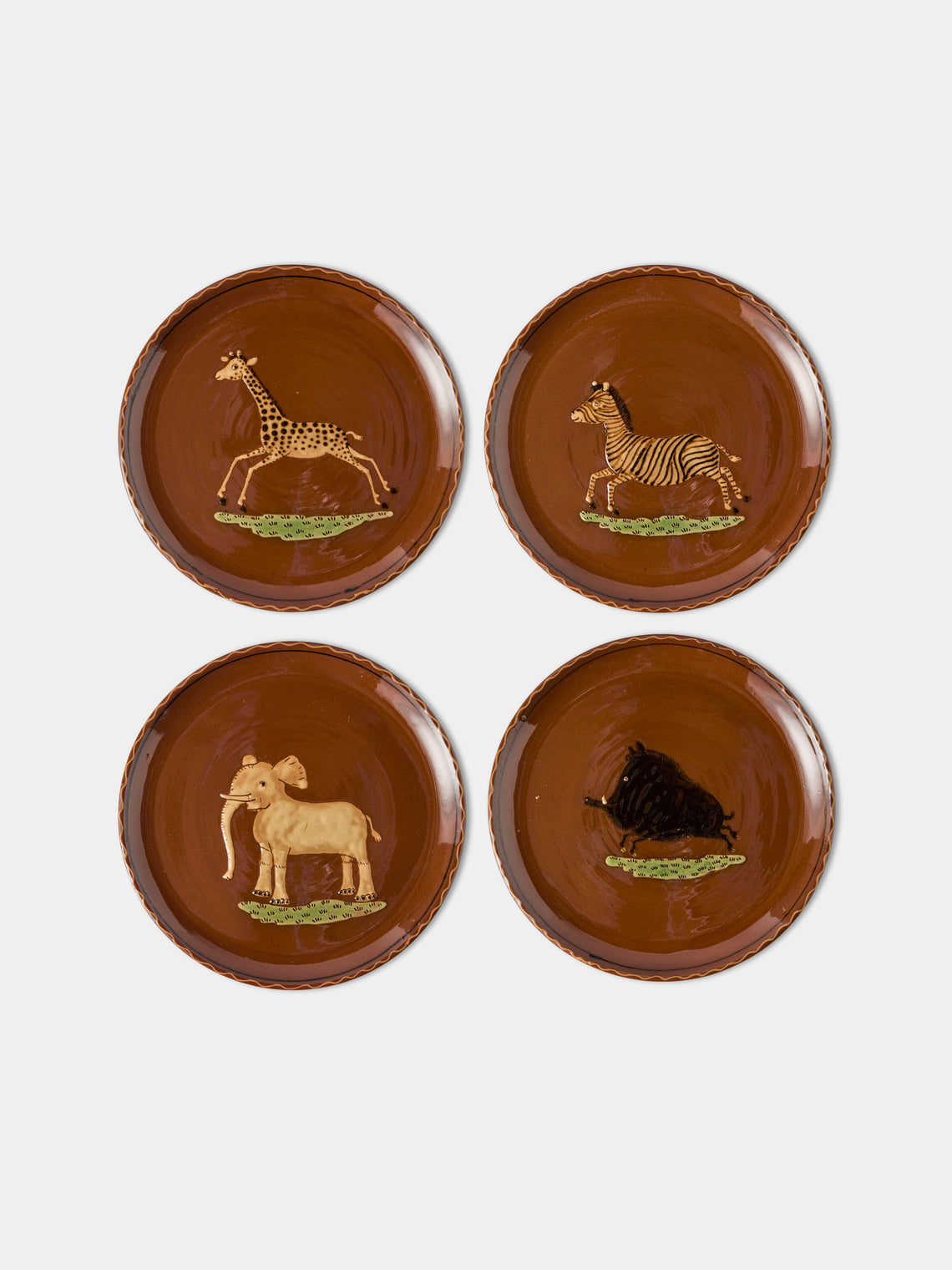 Poterie d’Évires - Animals Hand-Painted Ceramic Dinner Plates – 9.5in/24cm (Set of 4) - Light Brown - ABASK - 