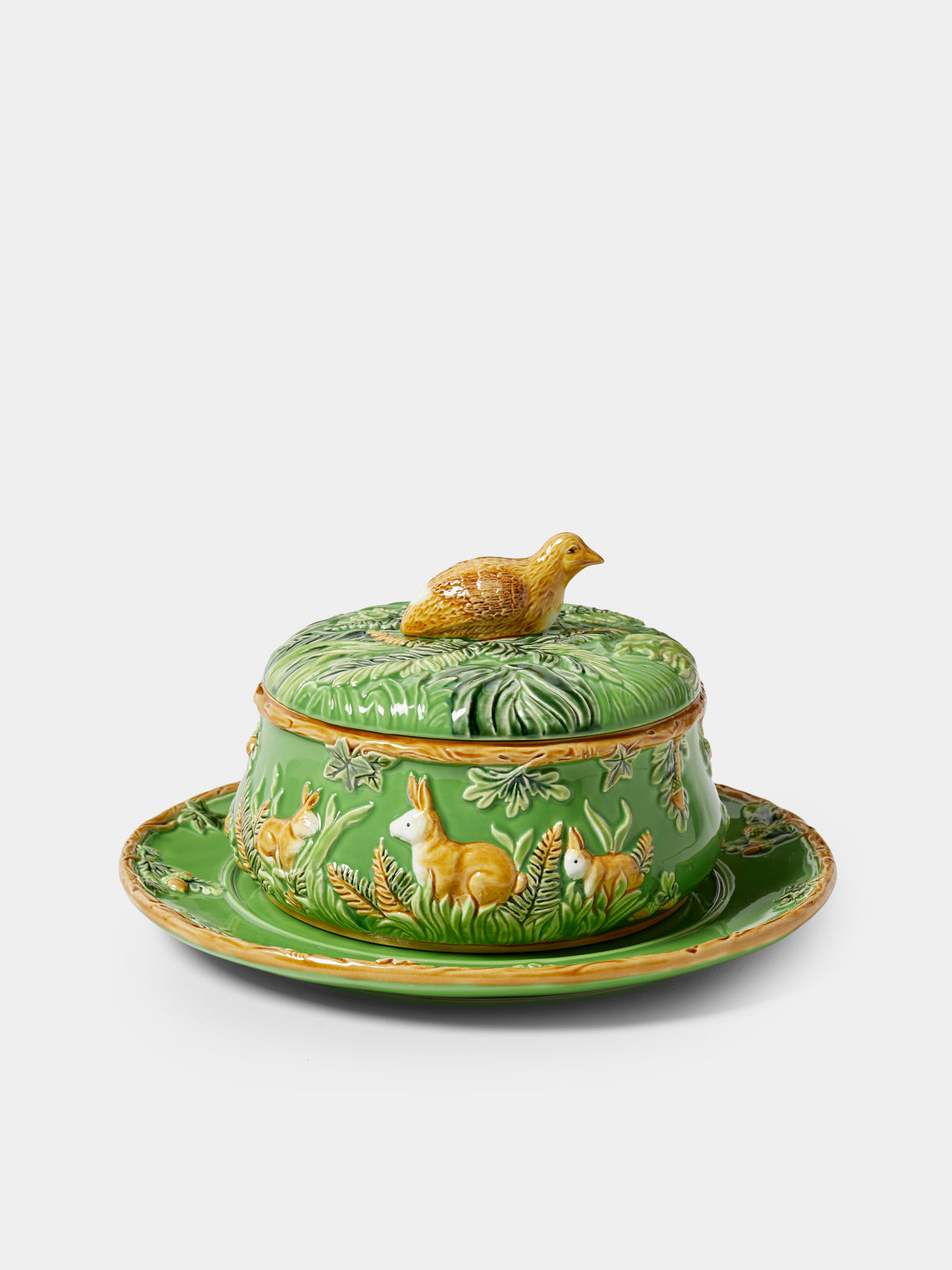 Verdolini - Quail and Hares Hand-Painted Majolica Ceramic Round Casserole Dish - Green - ABASK - 