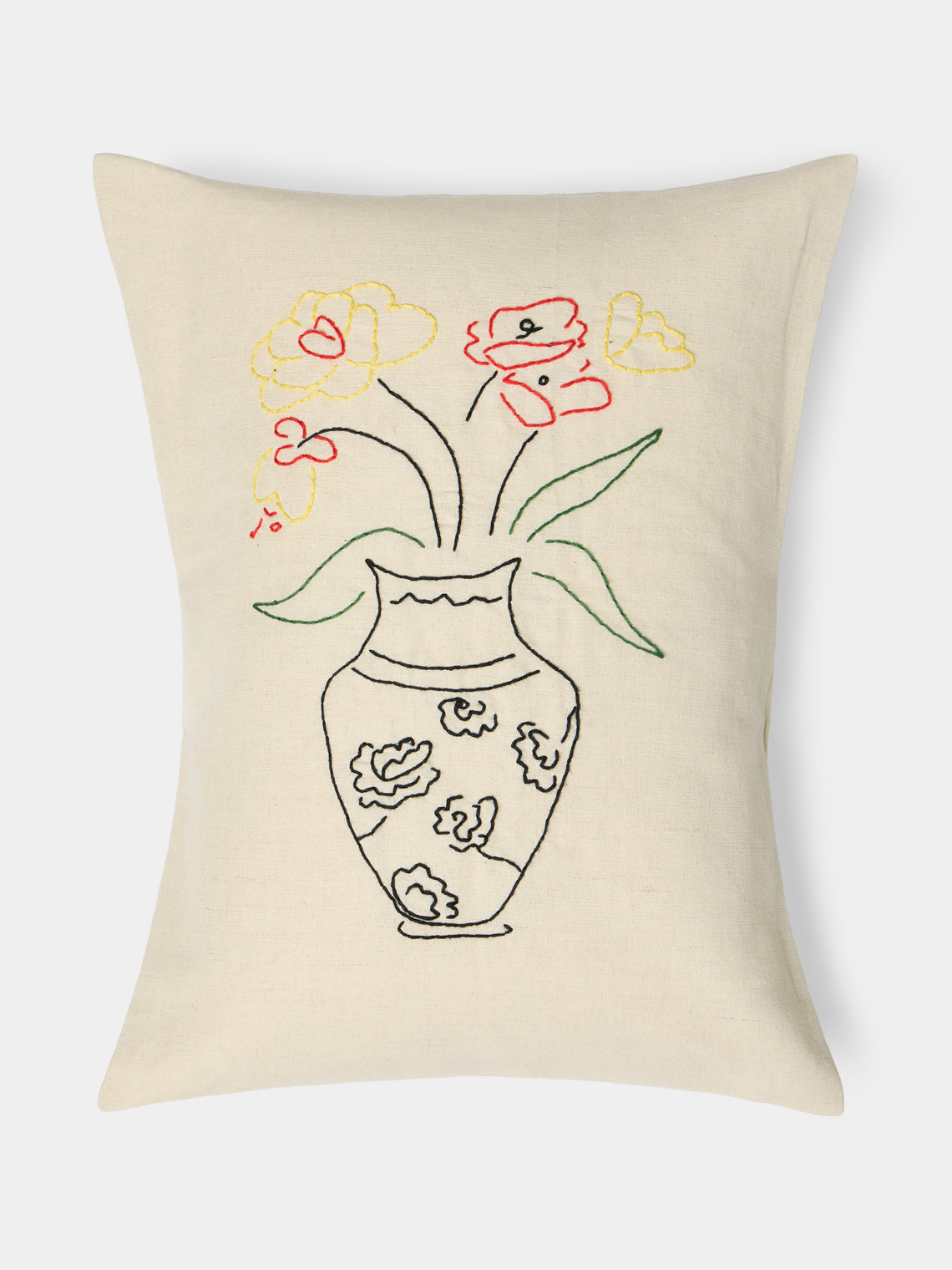Oeuvres Sensibles - Vase Hand-Embroidered Cotton and Hemp Cushion (15.5in/40cm) - Cream - ABASK - 