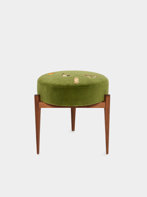 Uncommon Ancestor - Free Me Embroidered Velvet Round Footstool - Green - ABASK - 
