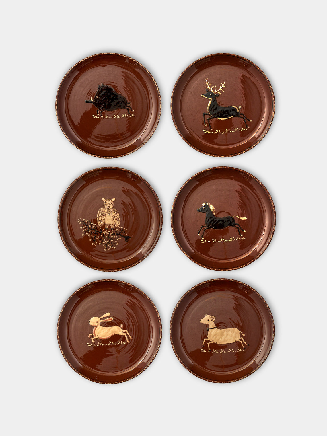 Poterie d’Évires - Animals Hand-Painted Ceramic Dinner Plates (Set of 6) - Light brown - ABASK - 
