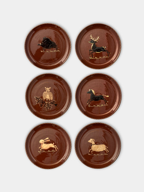 Poterie d’Évires - Animals Hand-Painted Ceramic Dinner Plates (Set of 6) - Light brown - ABASK - 