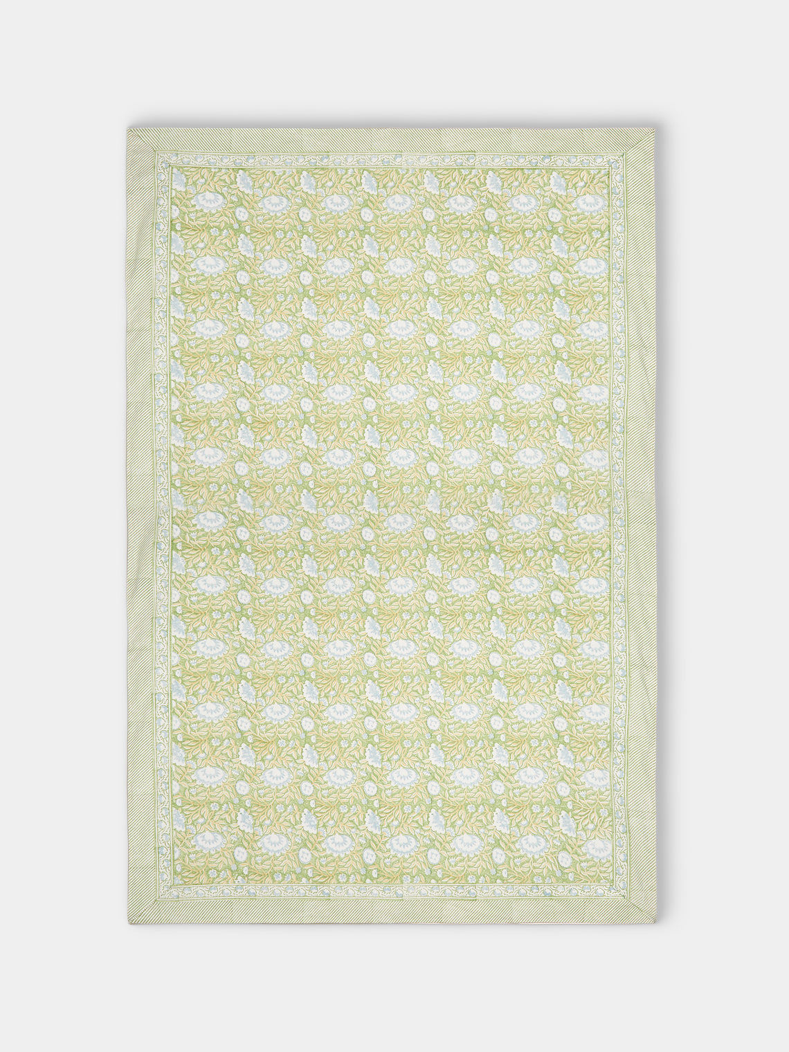 Chamois - The Garden of Mathilde Block-Printed Cotton Rectangular Tablecloth (106.5in/2.7m) - Green - ABASK