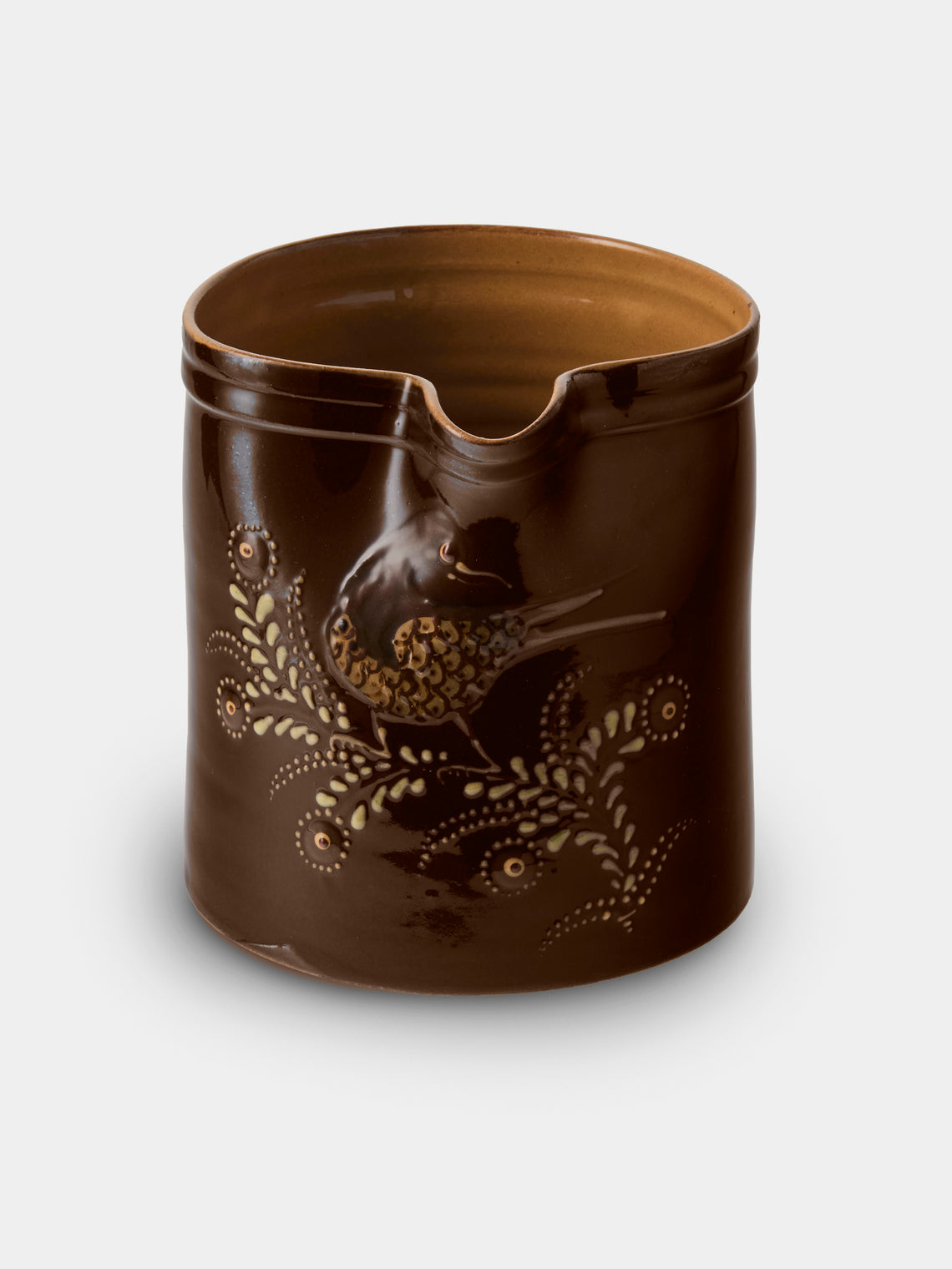 Poterie d’Évires - Birds Hand-Painted Ceramic Straight-Edge Medium Jug - Dark Brown - ABASK
