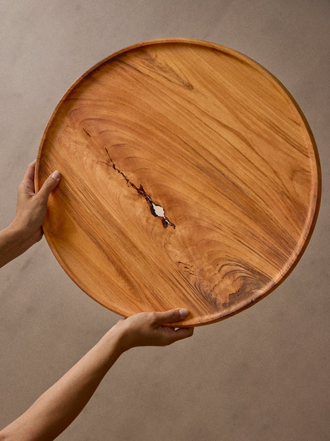 Iida Woodturning - Hand-Turned Zelkova Oil-Finish Tray (18in/46cm) - Brown - ABASK