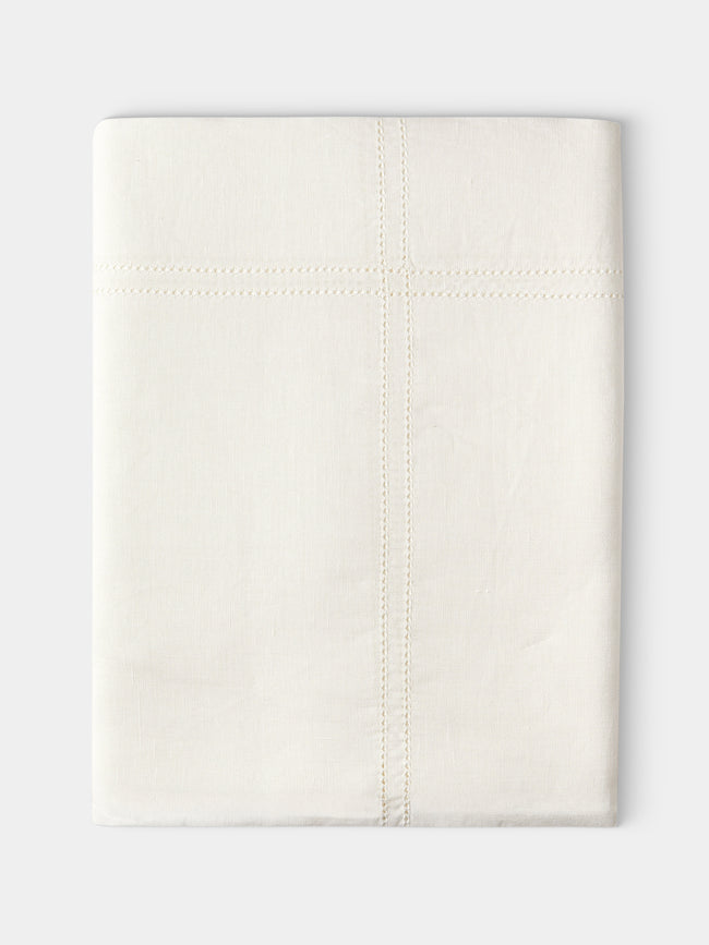 Volga Linen - Double Hem-Stitch Linen Check Rectangular Tablecloth (110in/2.8m) - Ivory - ABASK - 