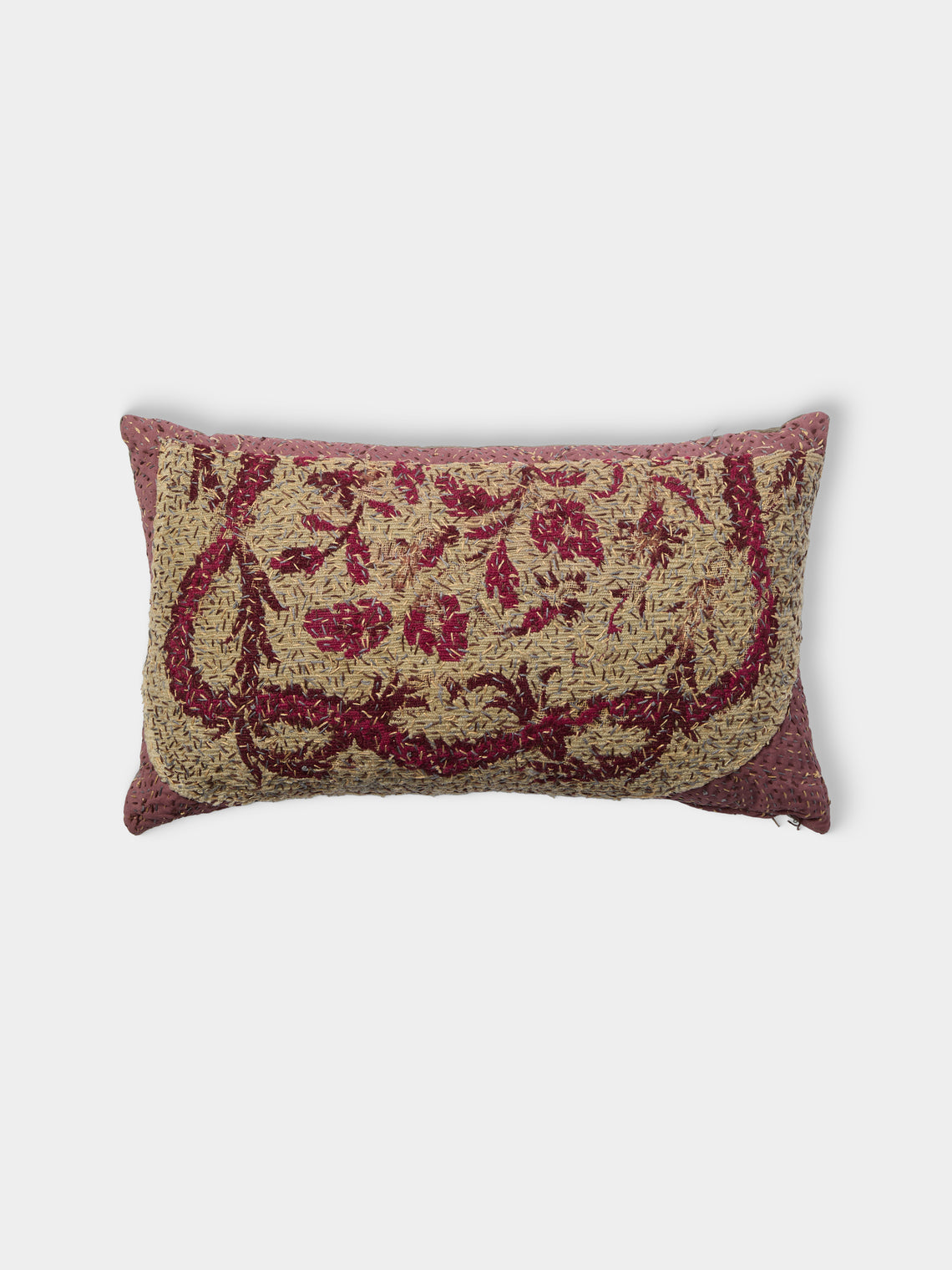 By Walid - 18th-Century Needlepoint Wool and Damask Cushion (21.5in/55cm) - Red - ABASK - 