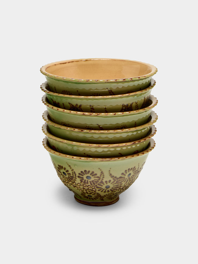 Poterie d’Évires - Flowers Hand-Painted Ceramic Petite Fluted Bowls (Set of 6) - Green - ABASK - 