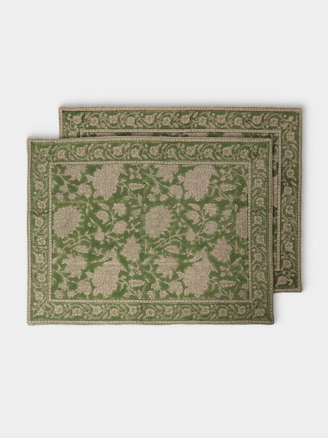 Chamois - | Set of 2 | Indian Rose Block-Printed Linen Placemats - Green - ABASK - 