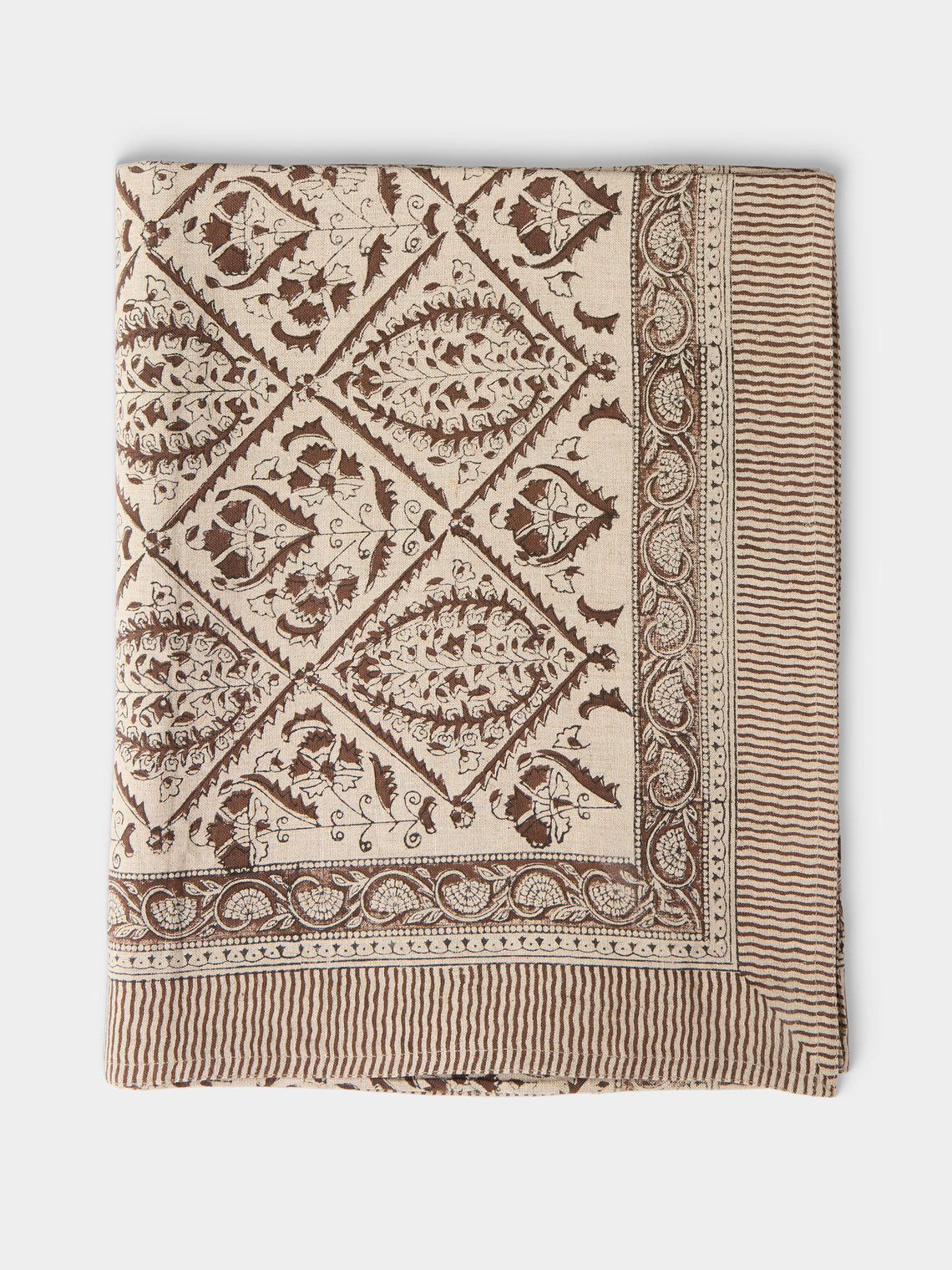 Chamois - Jaipur Block-Printed Linen Rectangular Tablecloth (138in/3.5m) - Brown - ABASK - 