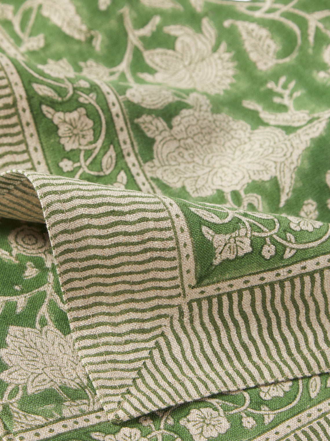 Chamois - Indian Rose Block-Printed Linen Rectangular Tablecloth (90.5in/2.3m) - Green - ABASK
