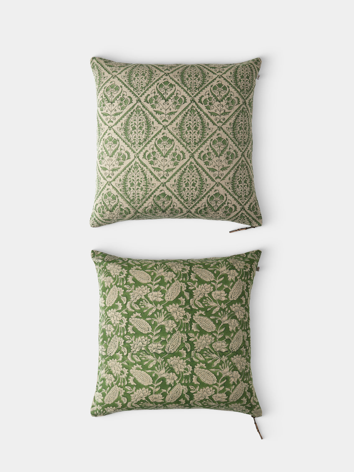 Chamois - Block-Printed Linen Cushions – 19.5in/50cm (Set of 2) - Green - ABASK