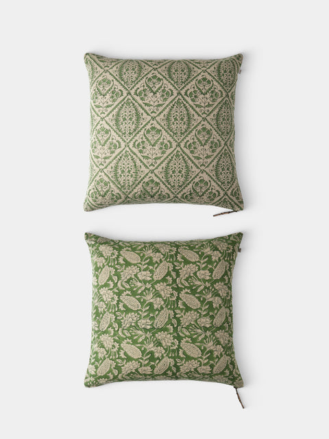 Chamois - Block-Printed Linen Cushions – 19.5in/50cm (Set of 2) - Green - ABASK