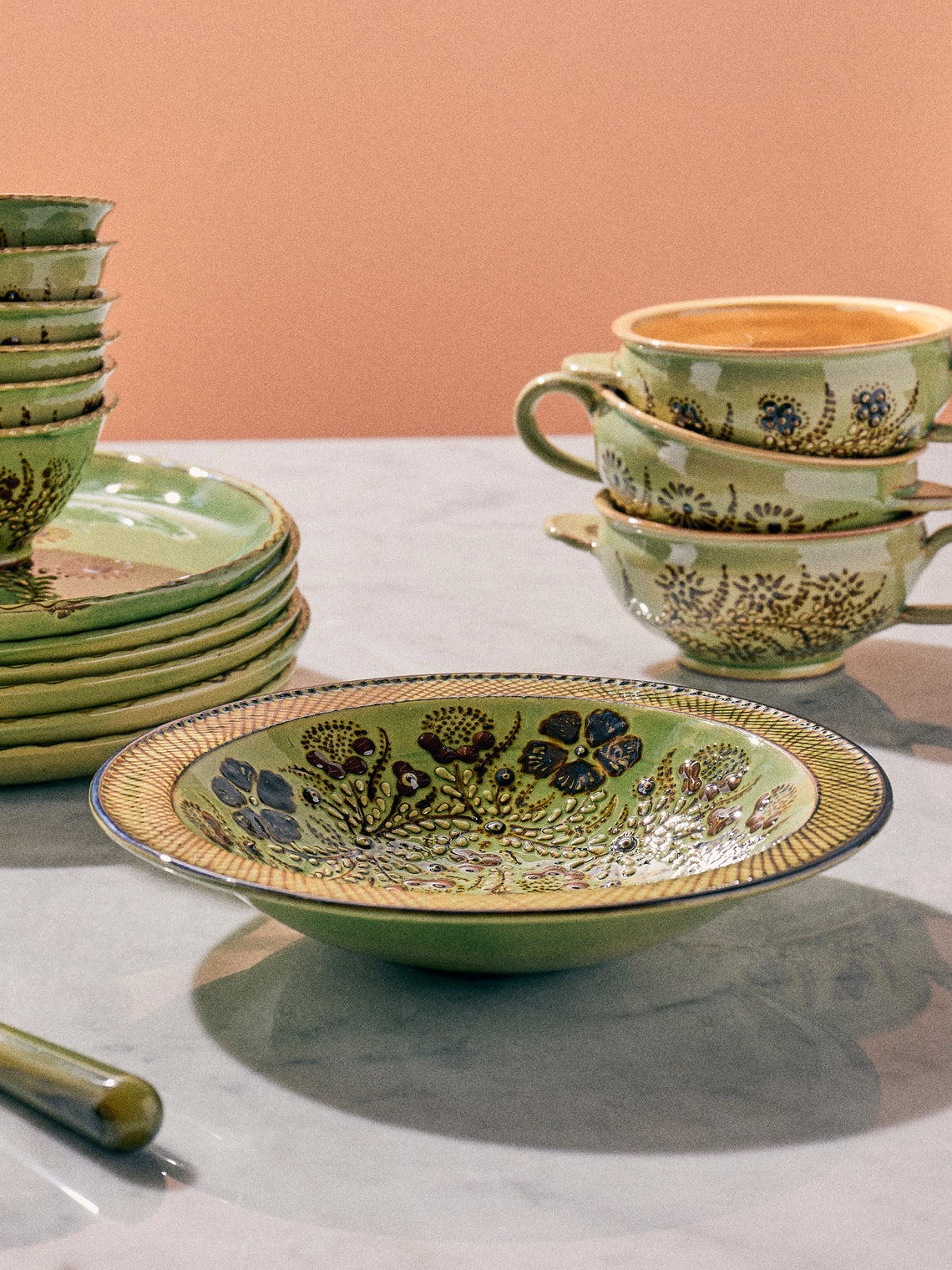 Poterie d’Évires - Flowers Hand-Painted Ceramic Serving Bowl - Green - ABASK