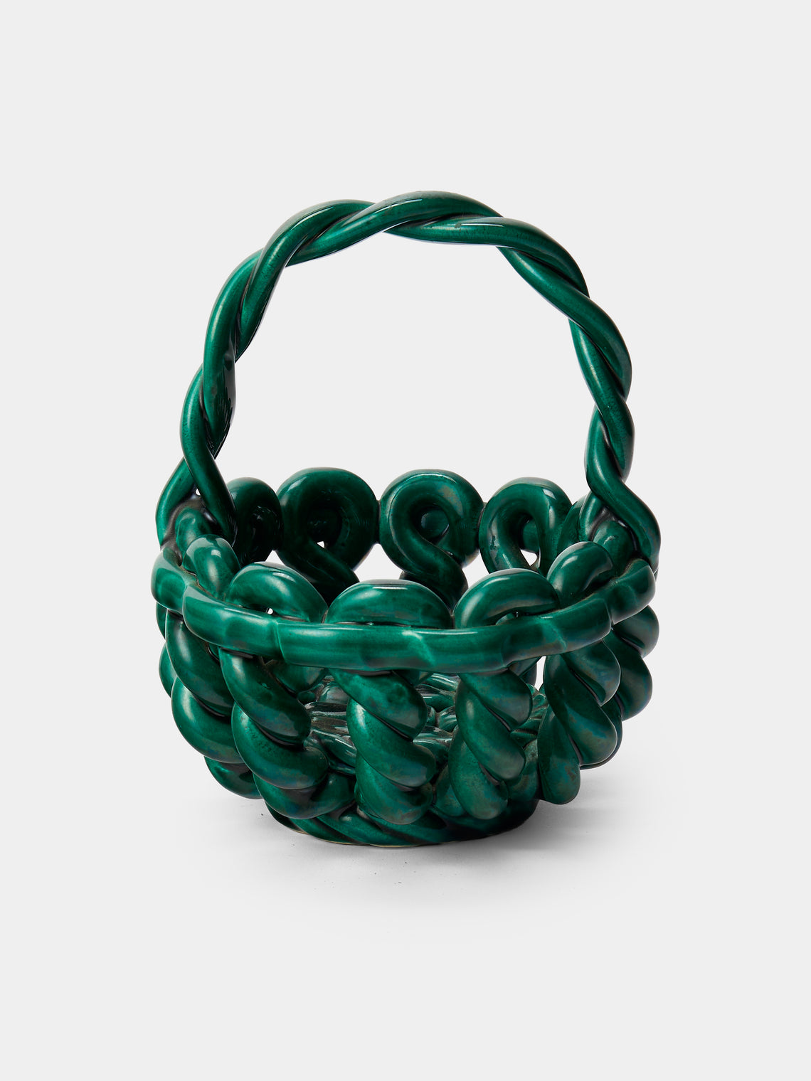 Antique and Vintage - Mid-Century Woven Ceramic Basket - Green - ABASK