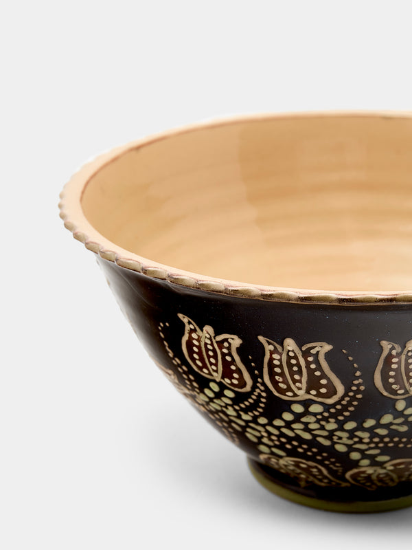 Poterie d’Évires - Flowers Hand-Painted Ceramic Small Fluted Serving Bowl - Dark brown - ABASK