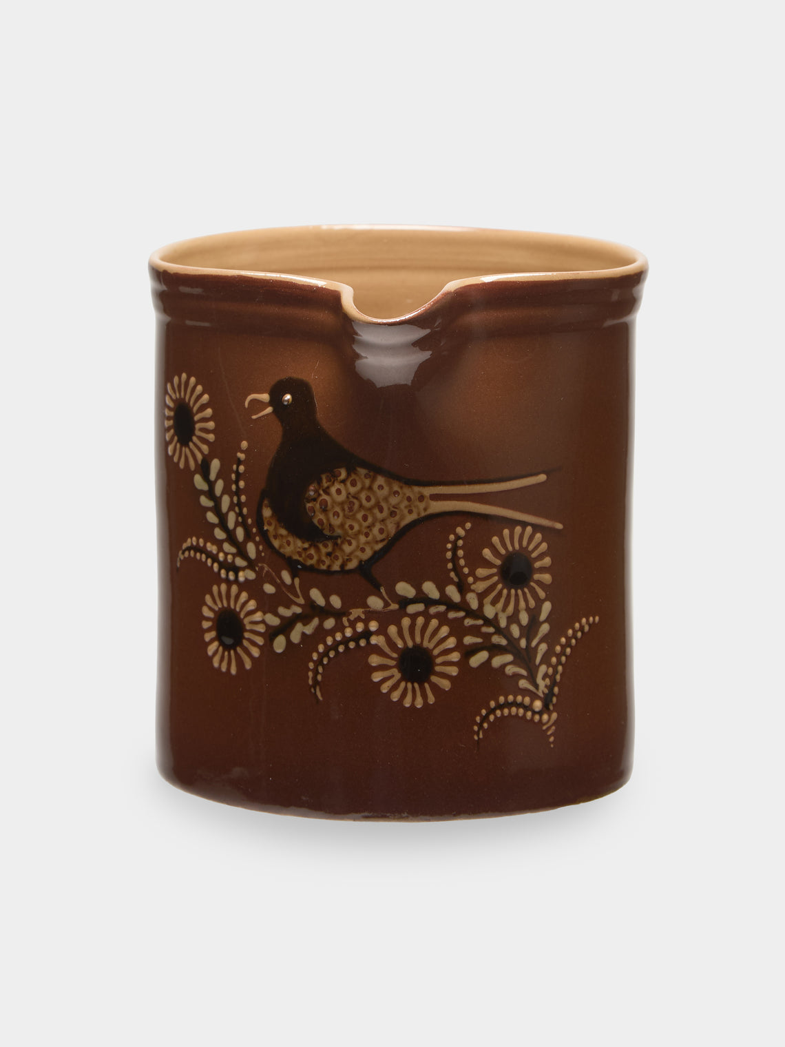 Poterie d’Évires - Birds Hand-Painted Ceramic Straight-Edge Jug (34oz/1L) - Light brown - ABASK