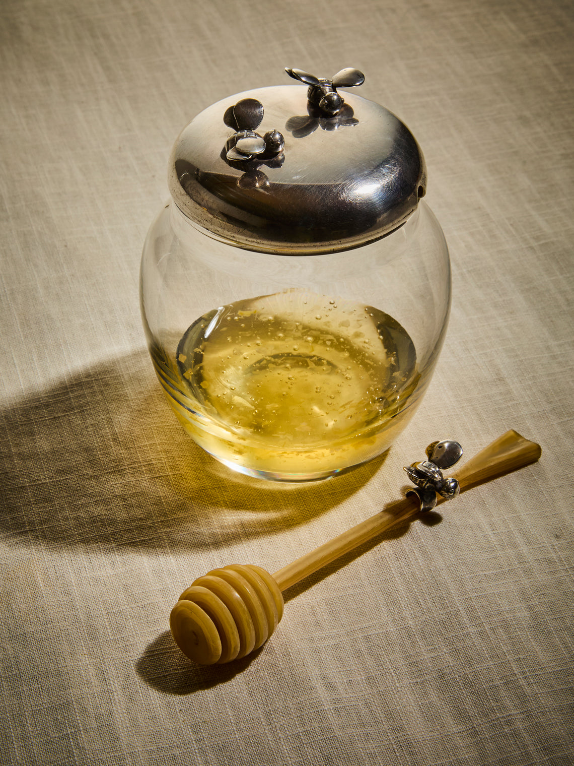 Antique and Vintage - 1930s Solid Silver Honey Pot with Horn Spoon - Clear - ABASK