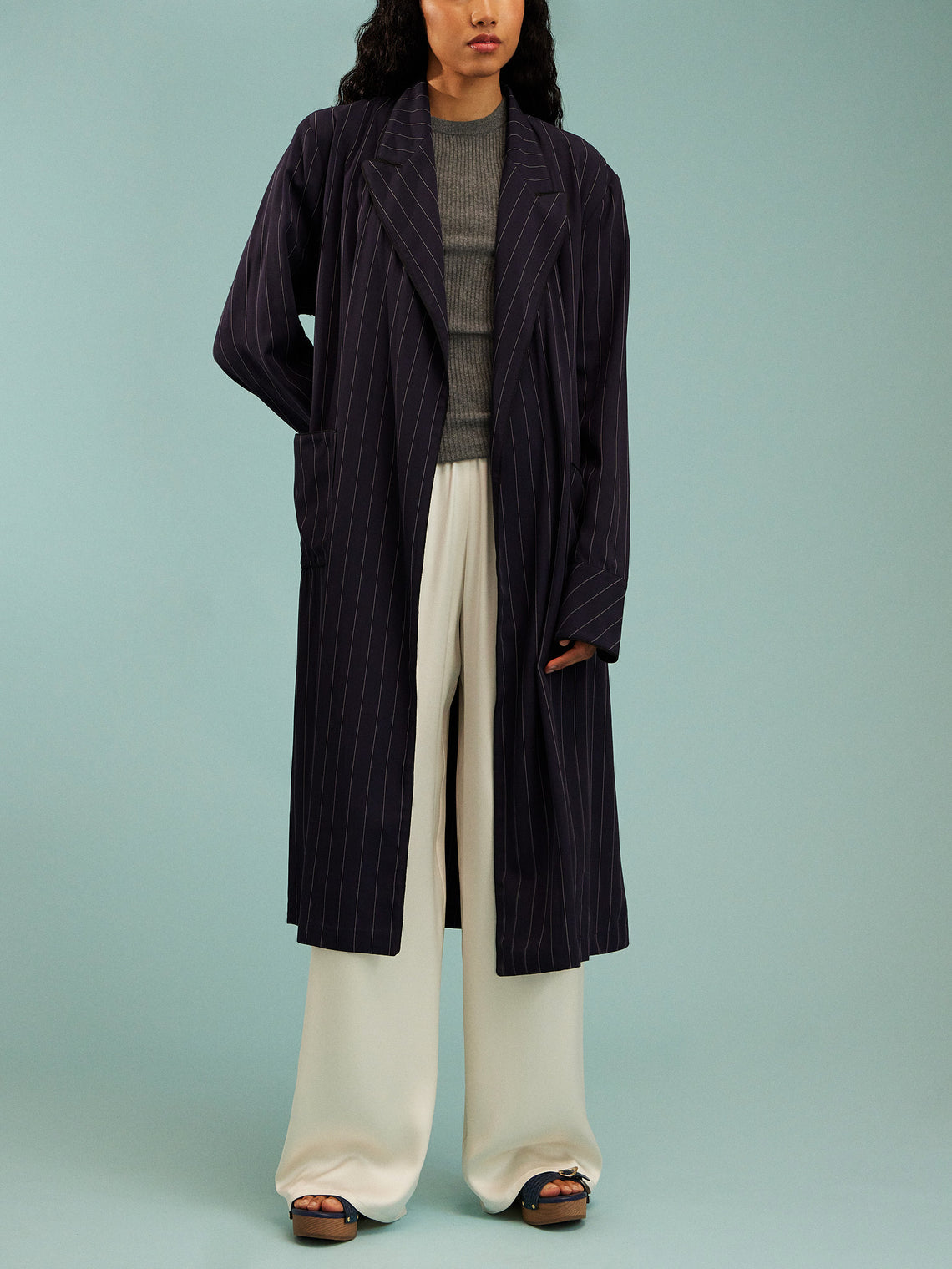 Dorso - The Gessato Wool Robe | Size: S - Navy - ABASK
