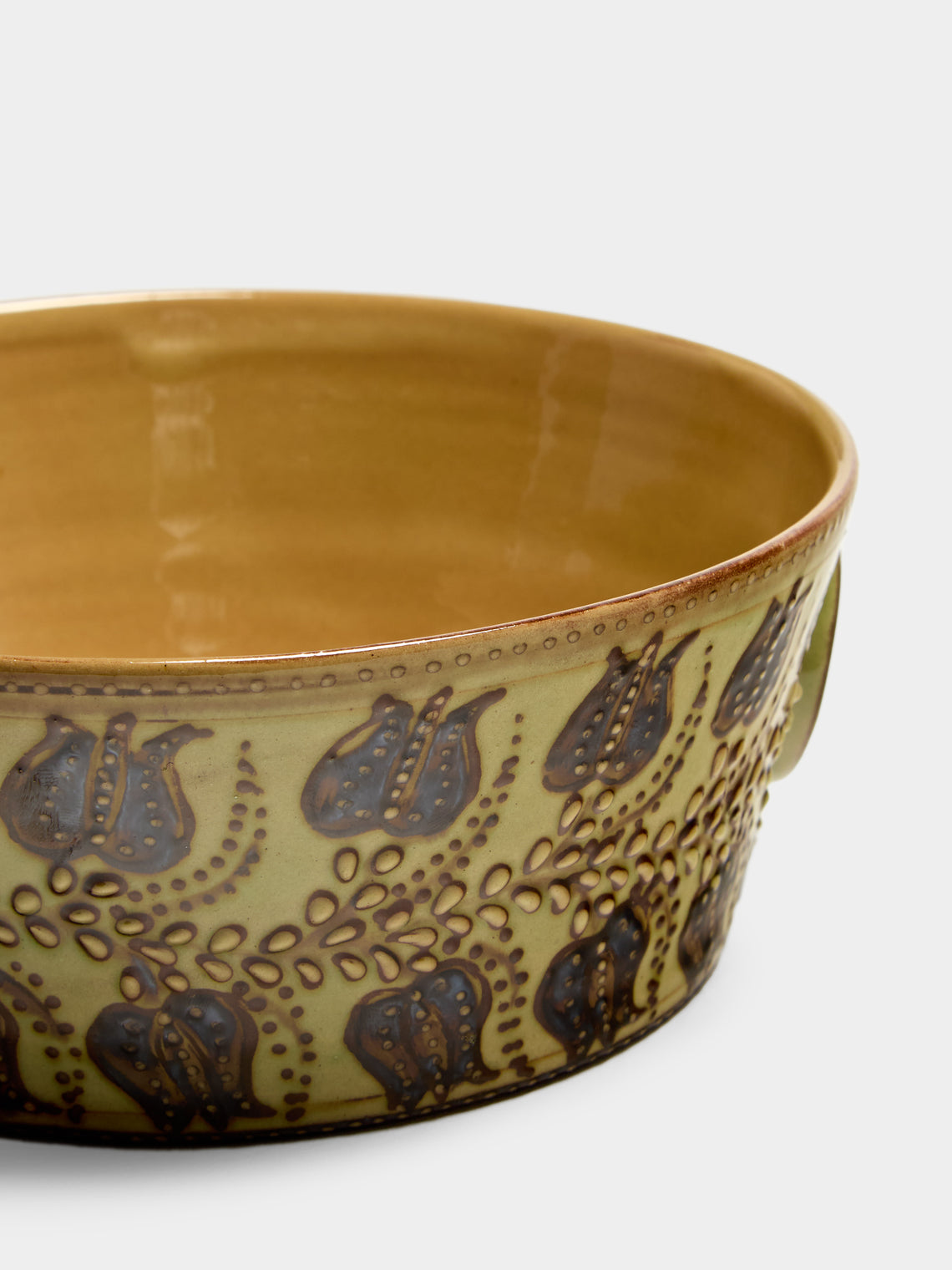 Poterie d’Évires - Flowers Hand-Painted Ceramic Small Handled Serving Bowl - Green - ABASK