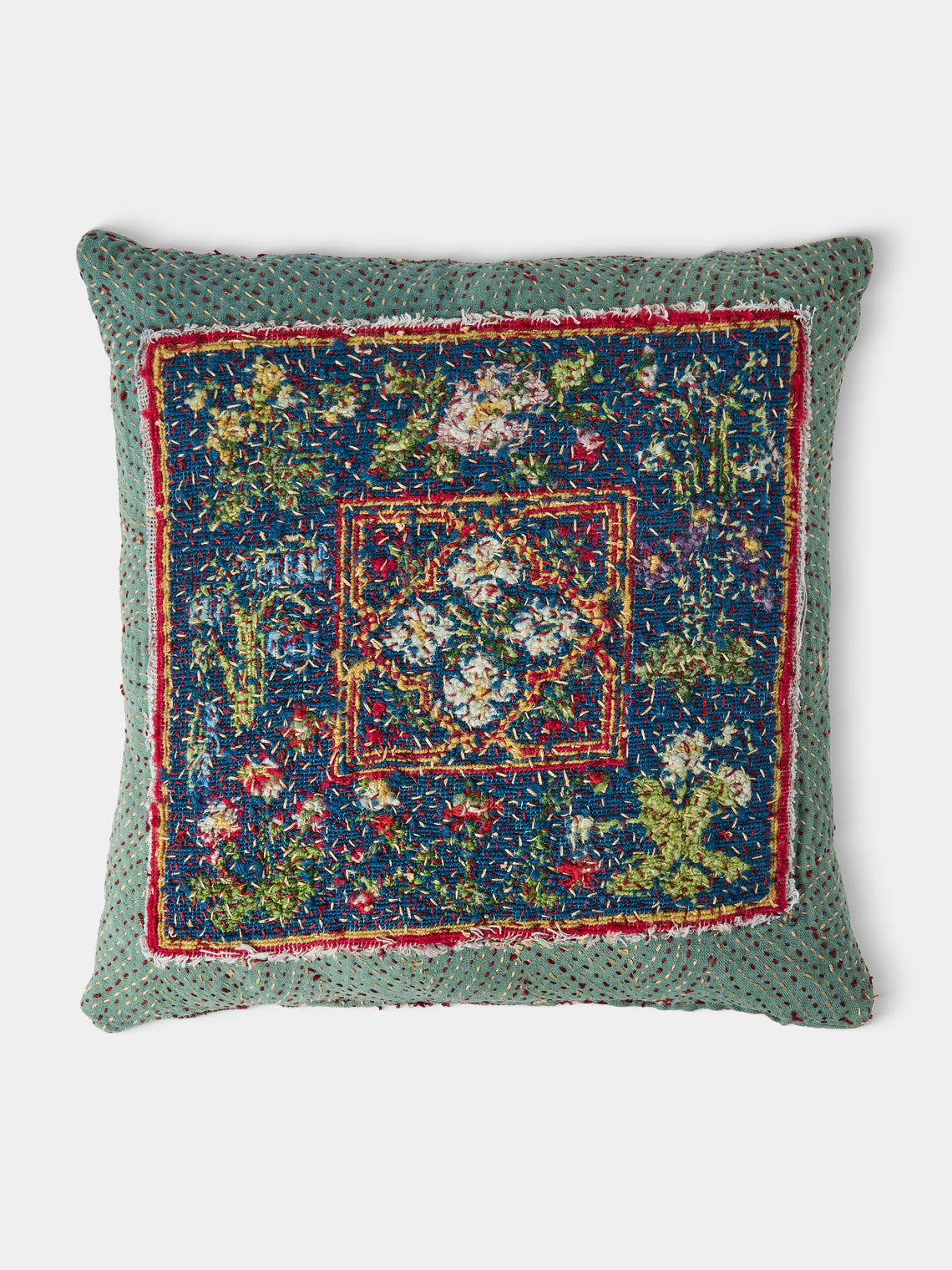 By Walid - 19th-Century English Needlepoint Wool and Linen Cushion (17.5in/45cm) - Blue - ABASK - 