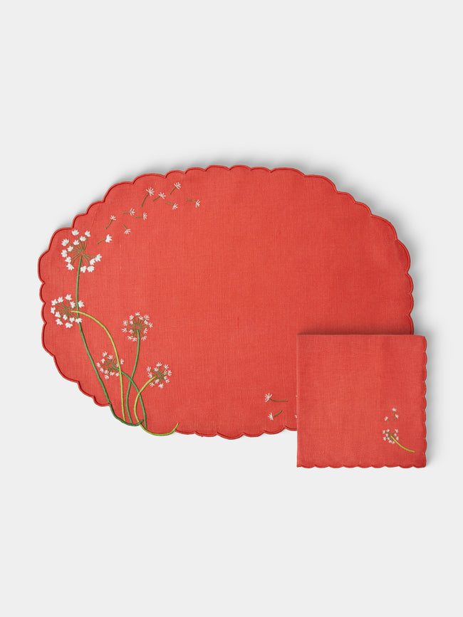 Taf Firenze - | Set of 6 | Floral Hand-Embroidered Linen Placemats and Napkins - Red - ABASK - 