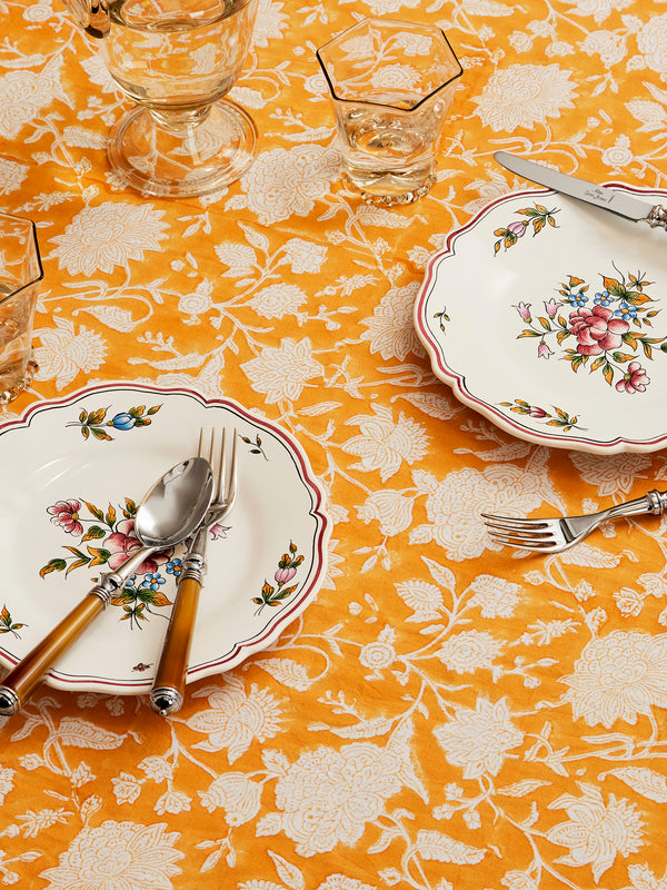 Chamois - Indian Rose Block-Printed Cotton Round Tablecloth - Orange - ABASK