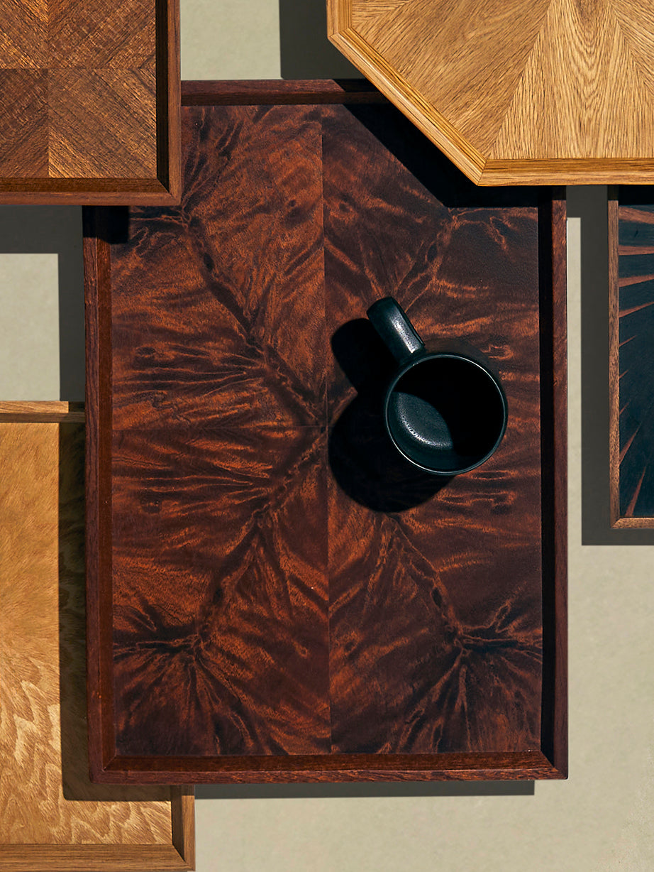 Mori Kougei - Poke Marquetry Wood Tray (15in/38.5cm) - Brown - ABASK