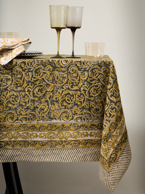 Chamois - Ornamental Block-Printed Linen Rectangular Tablecloth (138in/3.5m) - Multiple - ABASK