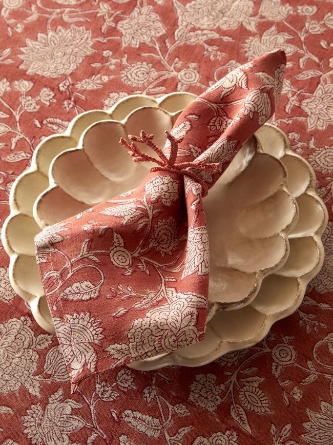 Chamois - Indian Rose Block-Printed Linen Napkins (Set of 4) - Red - ABASK