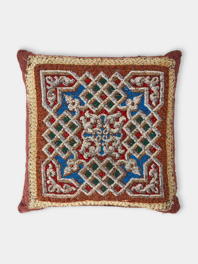 By Walid - 19th-Century Beaded and Needlepoint Wool and Damask Cushion (19.5in/50cm) - Multiple - ABASK - 
