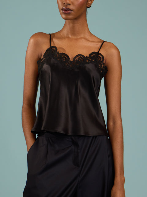 Loretta Caponi - Esmeralda Silk and Lace Top | Size: XS - Black - ABASK